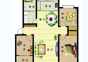 现代住宅三室两厅一卫户型图PSD分层素材