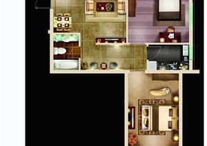 现代室内住宅经济两室两厅一卫户型图布置PSD分层图