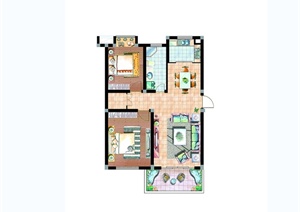 现代室内经济两室两厅一卫户型图PSD方案