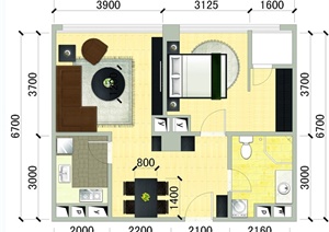 现代精简一室两厅一卫户型PSD方案图