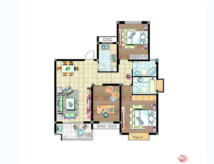 现代风格详细舒适三室两厅两卫户型图PSD方案(1)