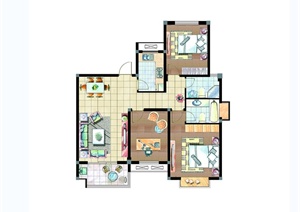 现代风格详细舒适三室两厅两卫户型图PSD方案