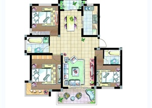 现代风格舒适三室两厅两卫户型图PSD分层方案