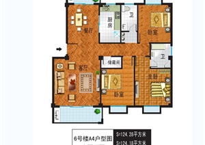 现代风格舒适住宅三室两厅两卫户型图PSD分层方案