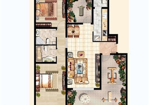 现代风格三室两厅两卫花园洋房户型图设计PSD分层