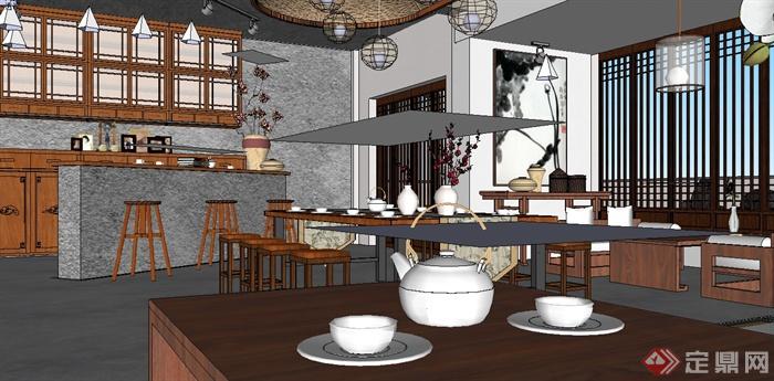 现代中式风格详细精品餐饮室内空间设计su模型(3)