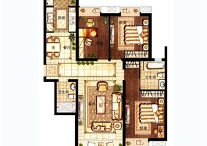 现代风格详细舒适三室两厅两卫户型图PSD分层素材