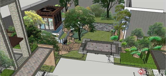 某现代中式风格庭院景观规划设计SU模型(6)