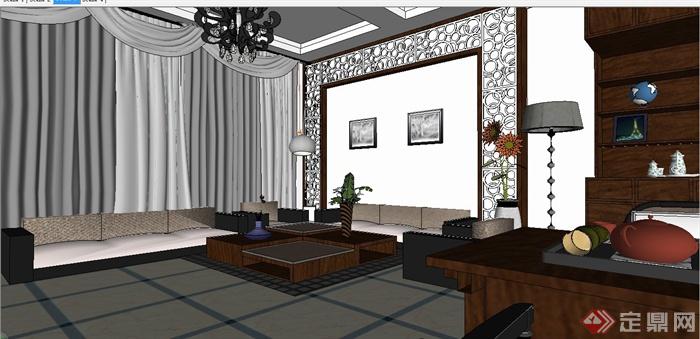 某细致现代中式风格客厅室内装饰设计SU模型(5)