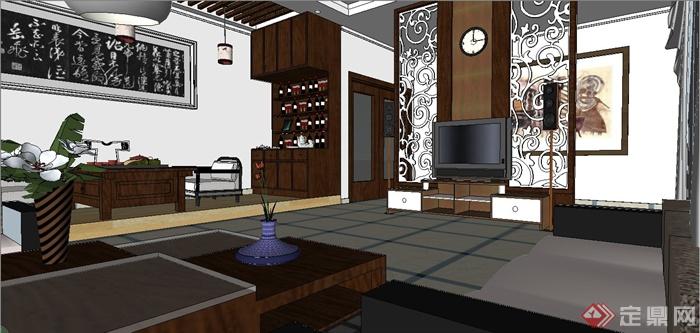某细致现代中式风格客厅室内装饰设计SU模型(4)