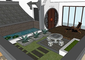 中式风格复式住宅茶室及屋顶花园SU(草图大师)模型