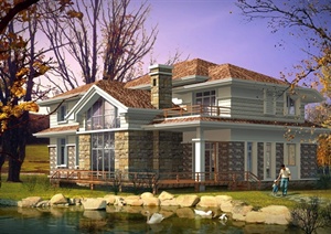 某美式风格别墅建筑设计CAD方案含JPG效果图