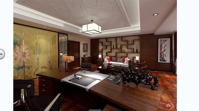 某现代中式风格总经理办公室室内装饰设计SU模型含JPG效果图(12)