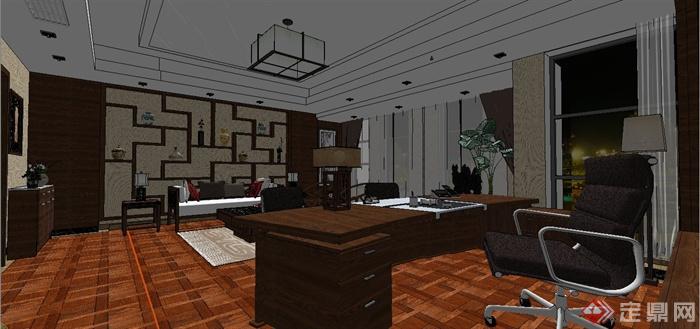某现代中式风格总经理办公室室内装饰设计SU模型含JPG效果图(13)