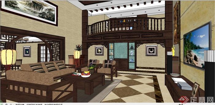 现代中式风格跃层别墅室内装饰设计SU模型含JPG效果图(21)