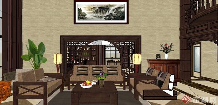 现代中式风格跃层别墅室内装饰设计SU模型含JPG效果图(22)