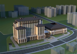 现代中式风格宾馆酒店建筑楼设计3d模型