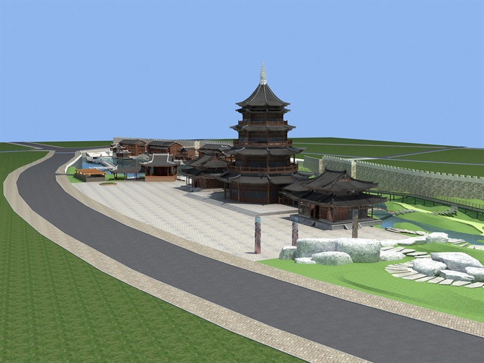 现代中式风格公园景观及建筑群设计3d模型