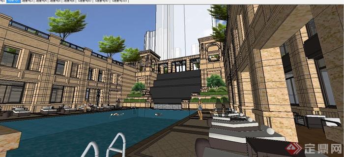 新古典风格会所及泳池设计su模型(2)