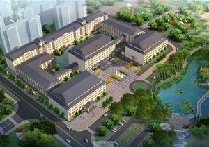 现代中式办公楼或酒店建筑SU(草图大师)模型及效果图