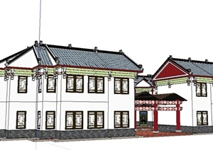 中式风格酒店旅馆建筑设计SU(草图大师)模型