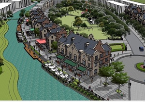 某英式风格滨河商业街建筑设计SU(草图大师)模型
