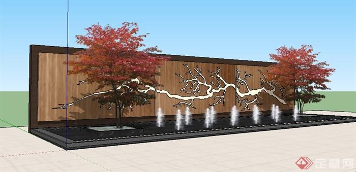 中式喷泉水池及景观墙su模型(2)