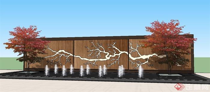 中式喷泉水池及景观墙su模型(1)
