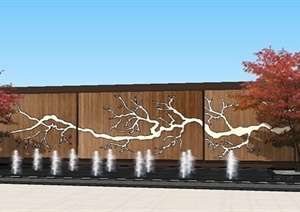 中式喷泉水池及景观墙SU(草图大师)模型