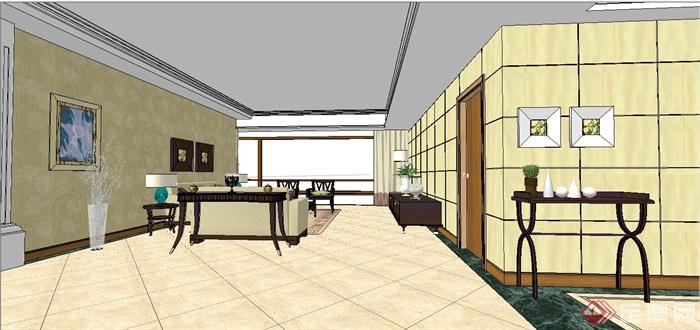 某现代中式风格客厅餐厅装饰设计SU模型(2)