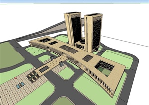 现代行政中心多层详细建筑楼设计SU(草图大师)模型