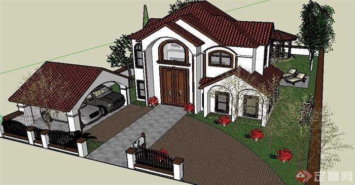 某美式风格别墅建筑及庭院设计su模型(1)