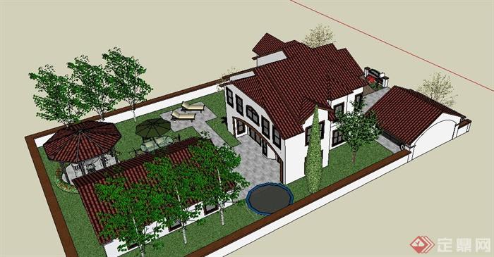 某美式风格别墅建筑及庭院设计su模型(5)