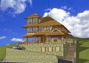 东南亚风格山地精美别墅建筑设计SU(草图大师)模型