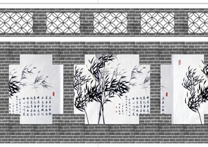 某现代中式风格详细景墙围墙设计SU(草图大师)模型