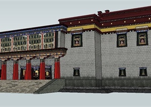 中式藏式风格文化馆建筑及室内设计SU(草图大师)模型