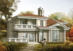 二层经典美式别墅建筑方案图（含效果图）