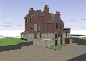 某英式风格独栋豪华别墅建筑设计SU(草图大师)模型含CAD施工图