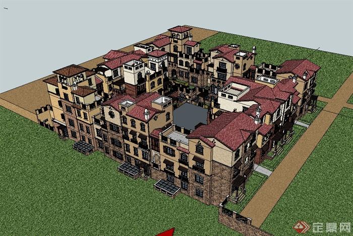 西班牙风格详细四合院住宅楼设计su模型(3)