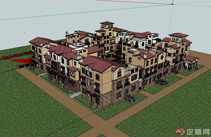 西班牙风格详细四合院住宅楼设计su模型(2)