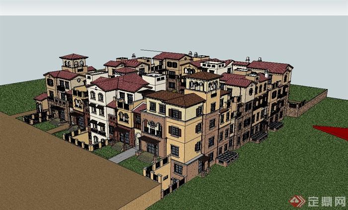 西班牙风格详细四合院住宅楼设计su模型(4)