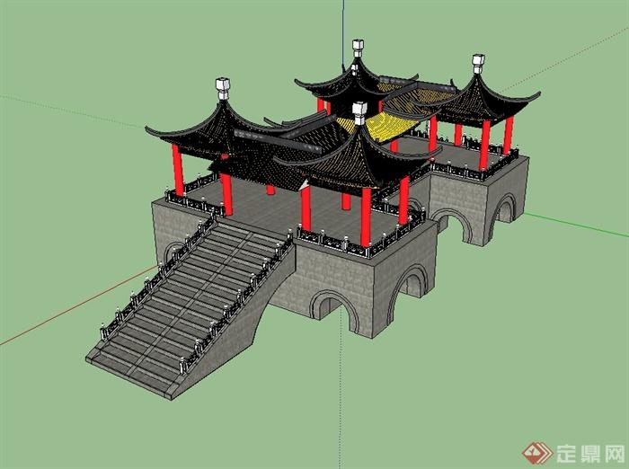 某古典中式风格五亭桥设计su模型(1)