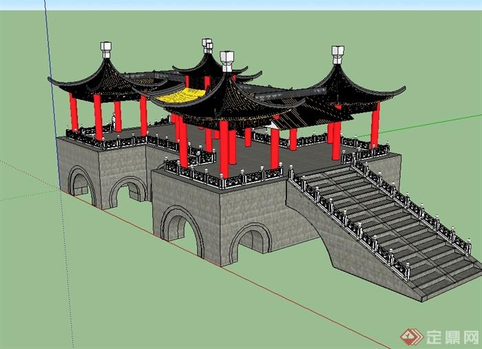 某古典中式风格五亭桥设计su模型(2)