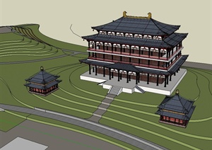 唐代古建筑旅游景区建筑楼设计SU(草图大师)模型