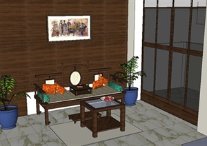 某现代中式风格椅榻茶几组合设计SU(草图大师)模型