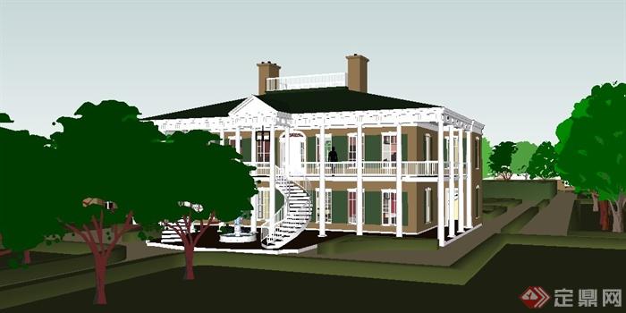 新古典风格别墅及庭院景观su模型(1)