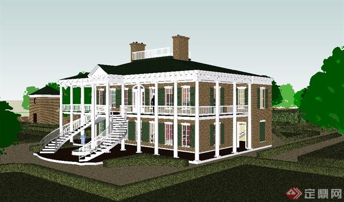 新古典风格别墅及庭院景观su模型(2)