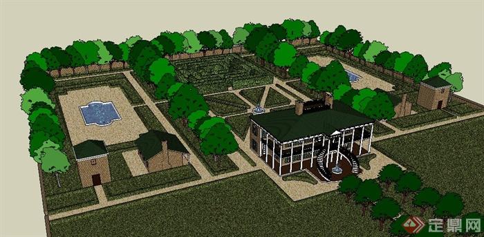 新古典风格别墅及庭院景观su模型(5)