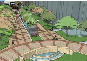 某现代风格小区中轴线处公园景观规划设计SU(草图大师)模型