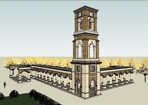 欧式风格钟楼及景观长廊设计SU(草图大师)模型